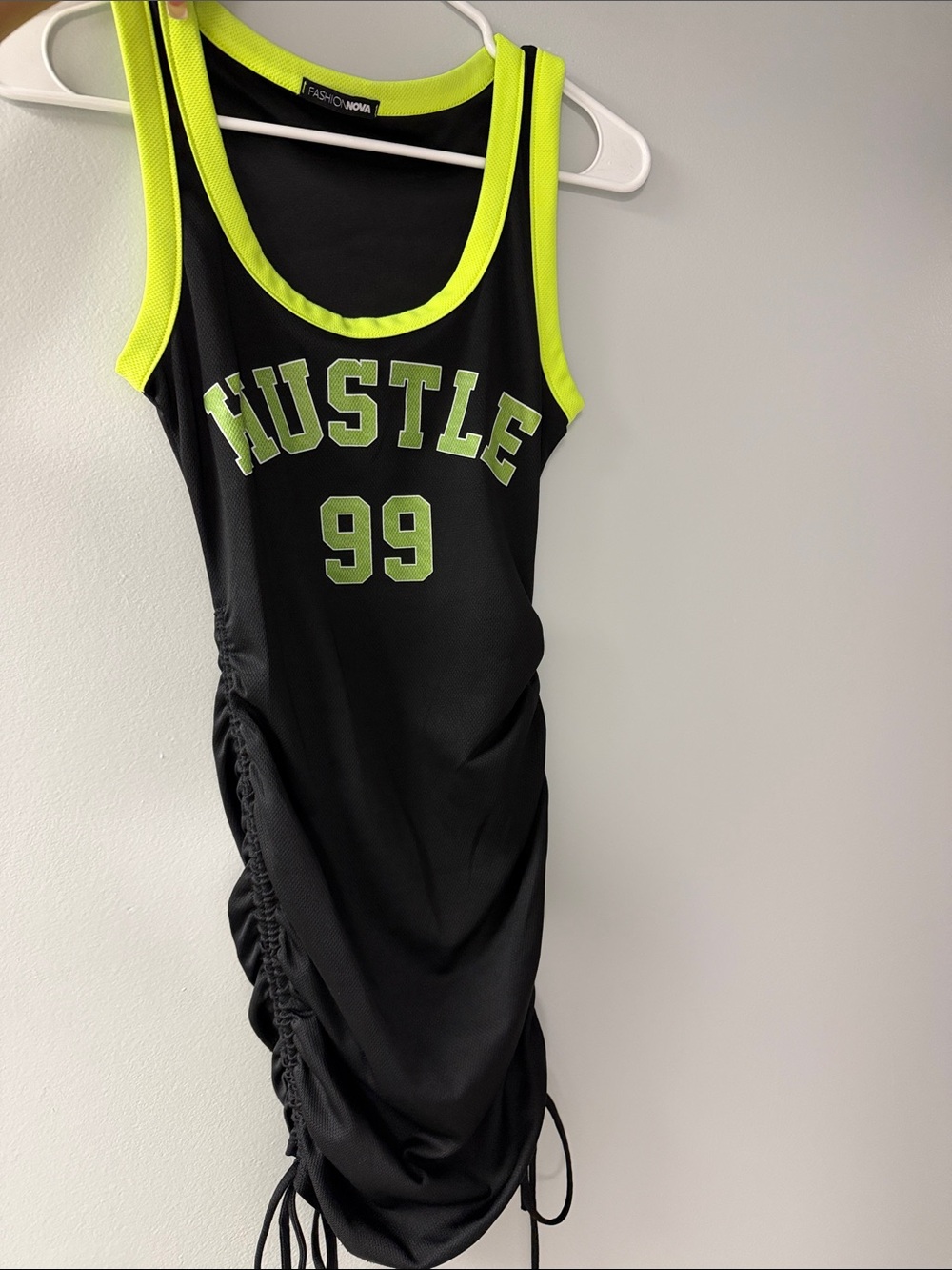 Fashion Nova Black Dress with Neon Yellow Trim and "HUSTLE 99"